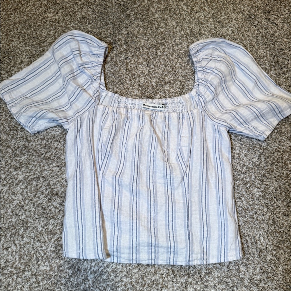Abercrombie & Fitch Blue and White Striped Square-Neck Puff Sleeve Top